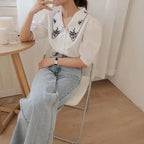 Embroidered Contrast Collar Blouse