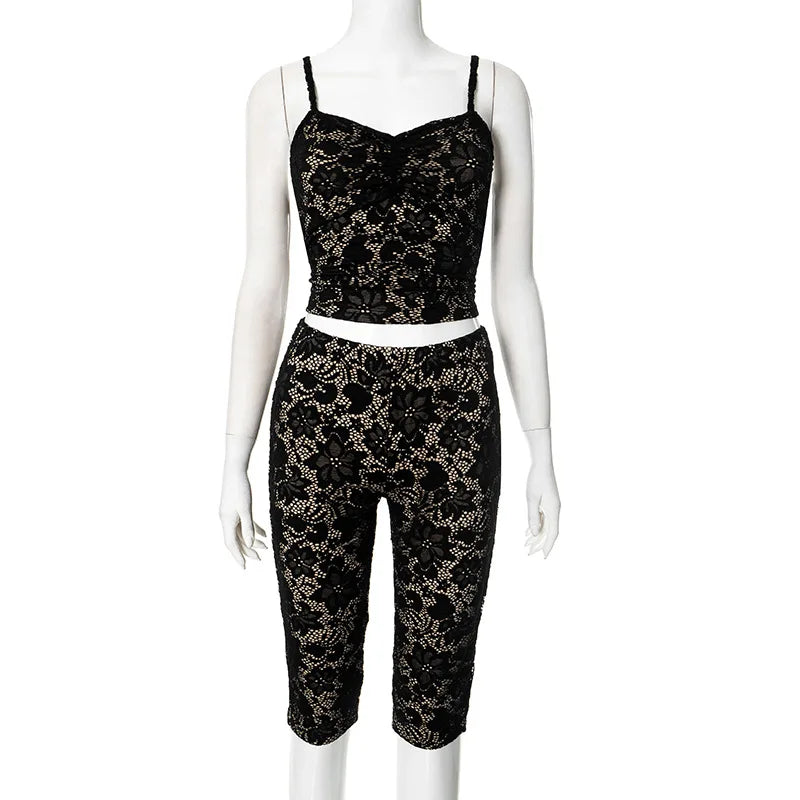 CM.YAYA Sleeveless Lace See Through Tops + Knee Length Shorts Set