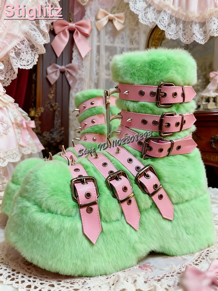 Rivet Platform Plush Furry Mid-Calf Boots