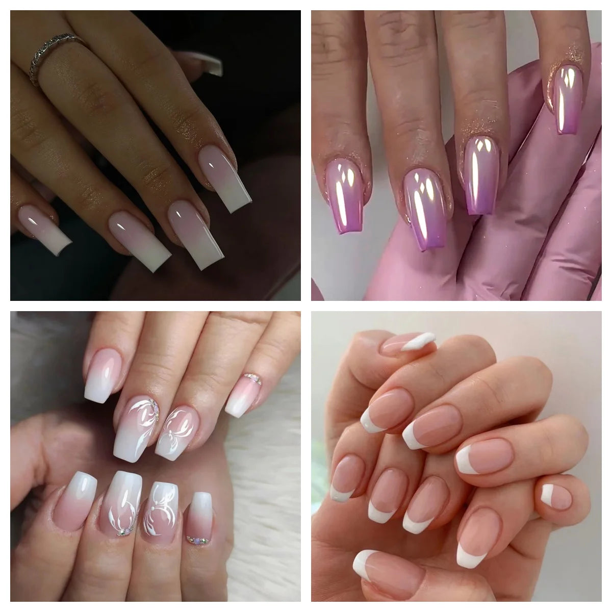 24Pcs French Fake Nails with Jelly Glue Mid-length Gradient White False Nail Wearable Square Head Press on Nails Full Nail Tips