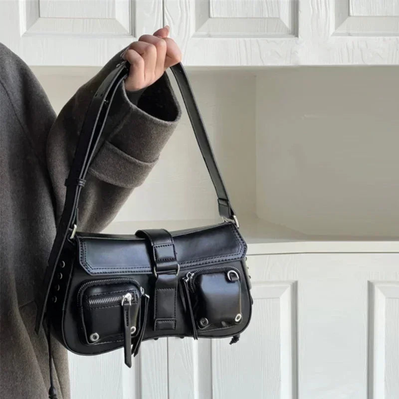 Faux Leather Multi-Pocket Baguette Handbag