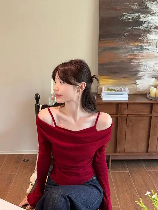 Off-Shoulder Fake Two-Piece Long Sleeve T-Shirt