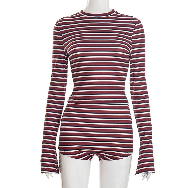 Casual Striped Long Sleeve Top And Shorts Set