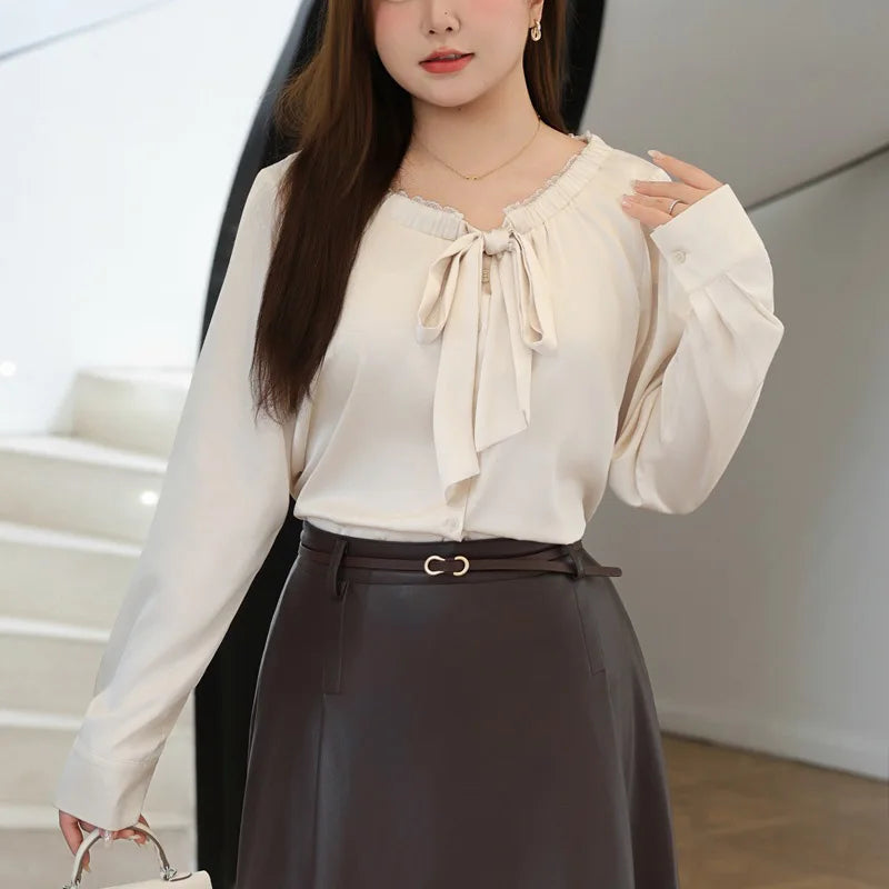Lace V-neck Bow Bandage Long Sleeve Satin Blouse