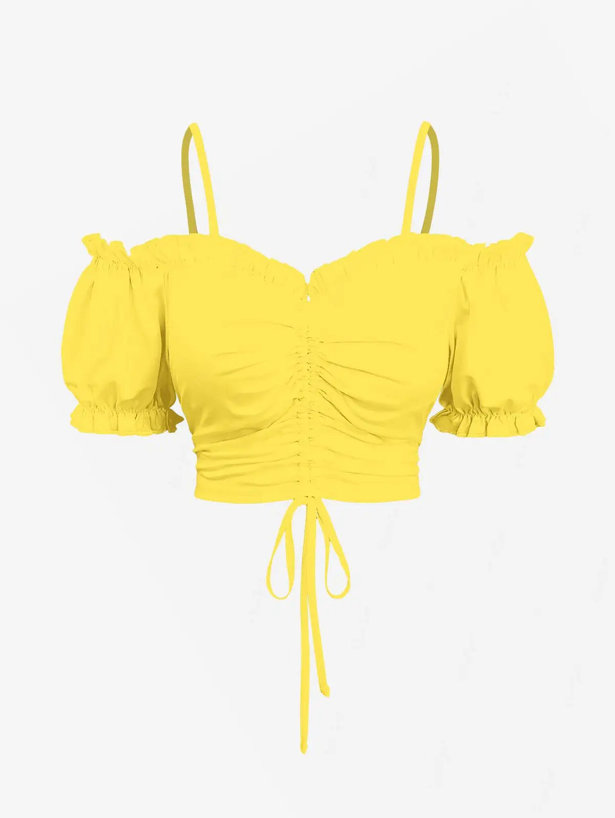 Cold Shoulder Puff Sleeves Cinched Ruffles Cropped Tops Solid  Women Summer Casual Cami Top XS-3X