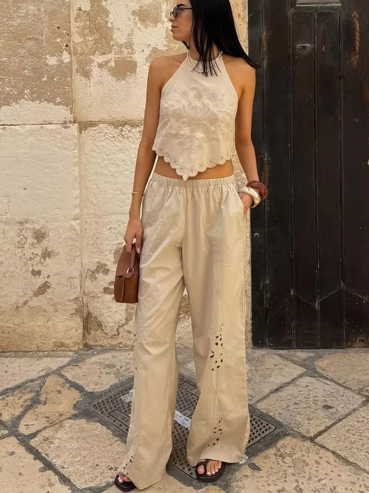Backless Embroidery Strapless Sleeveless Poplin Top + Elastic Waist Pants