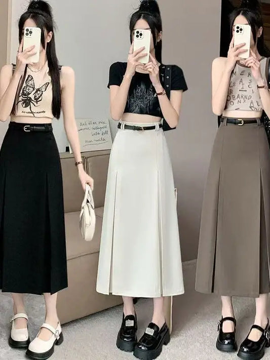 High Waist Elastic A-Line Midi Skirt