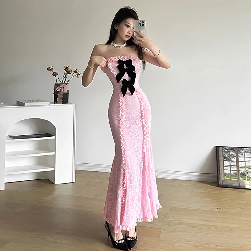Bow Pins Floral Lace Maxi Dress