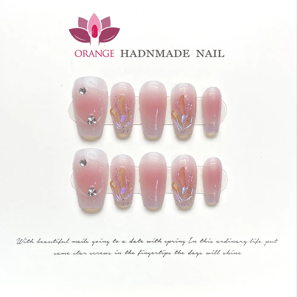Medium Coffin Press on Nails Wearable Full Cover Artificial Nails With Designs Pink Color Handmade French Manicuree Fingernails