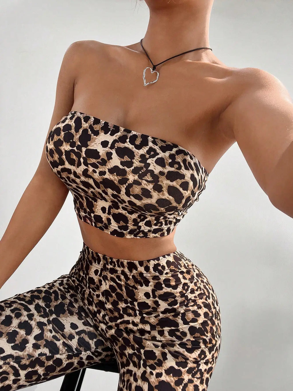 Leopard Print Slim Fit Short Crop Top with Flared Pants Long Trousers Set