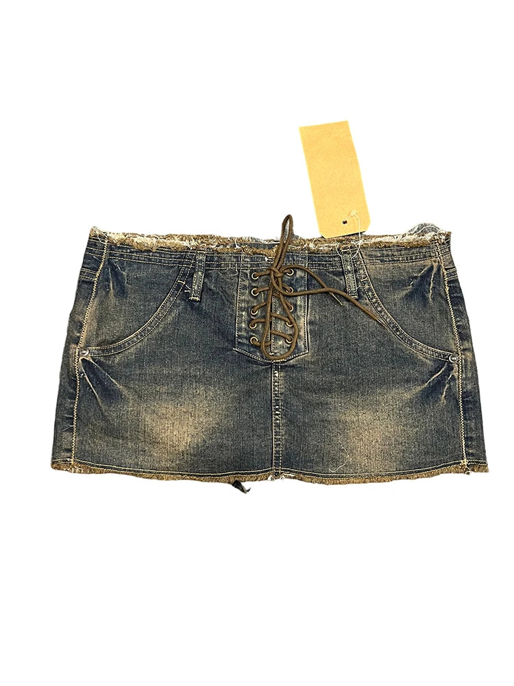 Lace-Up Denim Micro Mini Skirt