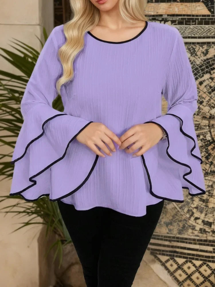 Loose Solid Color Crew-neck Flared Long-sleeved Top
