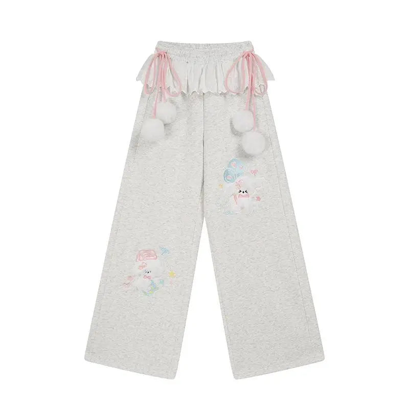 Cute Bunny Graphic Wide-Leg Lounge Pants – Grey with Pink Ribbons & Pom-Poms