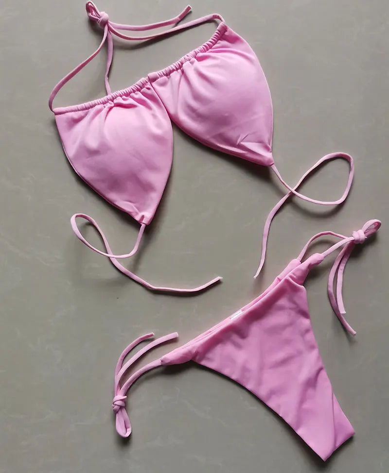 Solid Color Ruched String Bikini