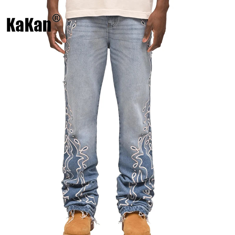 Kakan - メンズブルーストライプグラデーションワイドレッグジーンズ、Y2Kファッション刺繍入りダイヤモンドセットロングジーンズ、Jeans Manブランド