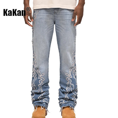 Kakan - メンズブルーストライプグラデーションワイドレッグジーンズ、Y2Kファッション刺繍入りダイヤモンドセットロングジーンズ、Jeans Manブランド