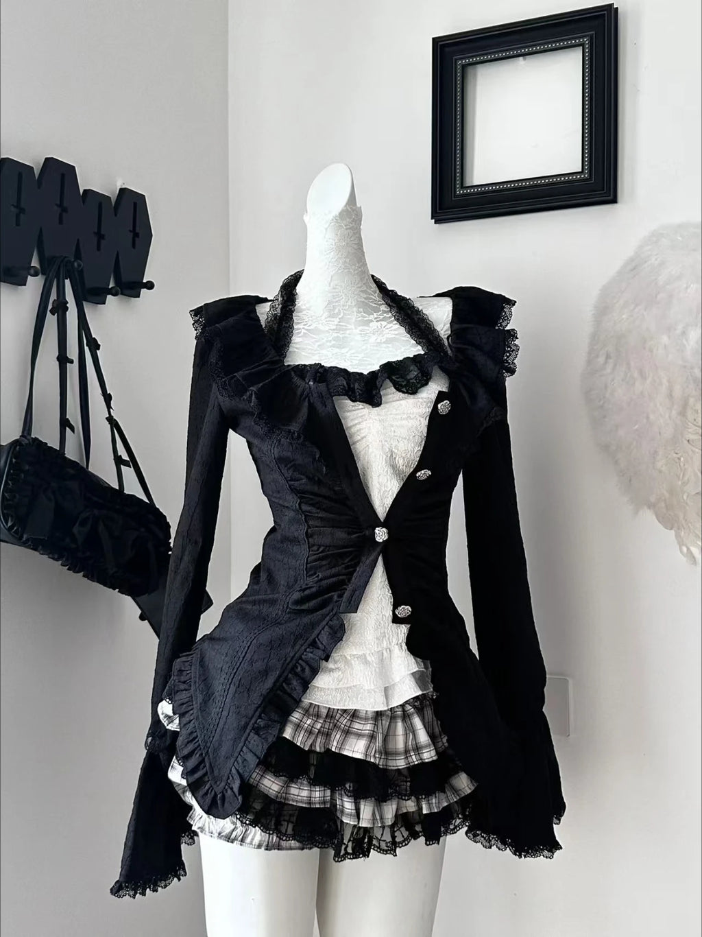 Slash Neck Sling Long Sleeve Cardigan + High Waist Plaid Skirt Set