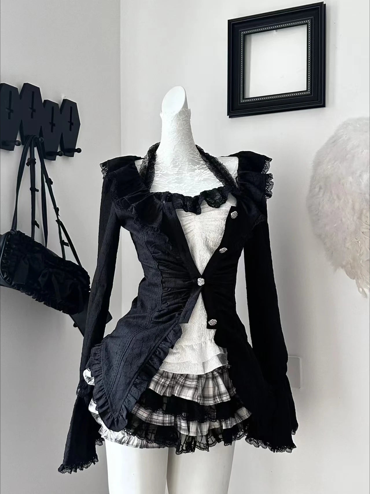 Slash Neck Sling Long Sleeve Cardigan + High Waist Plaid Skirt Set