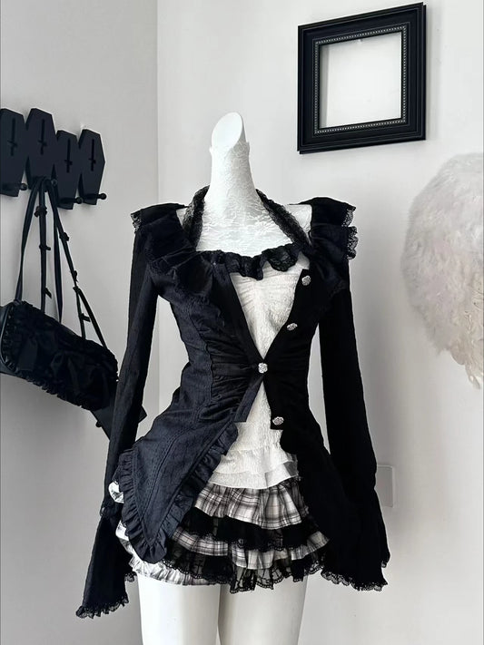 Slash Neck Sling Long Sleeve Cardigan + High Waist Plaid Skirt Set
