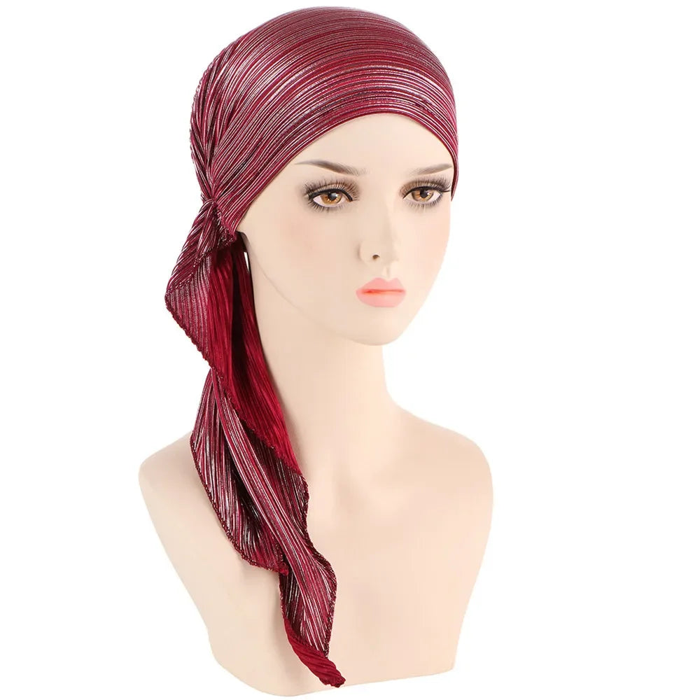 Shiny Glitter Elastic Solid Color Pre-Tied Hijabs Wrap Head Scarf Muslim Turban Bonnet for Women Inner Hat Turbantes Caps Mujer