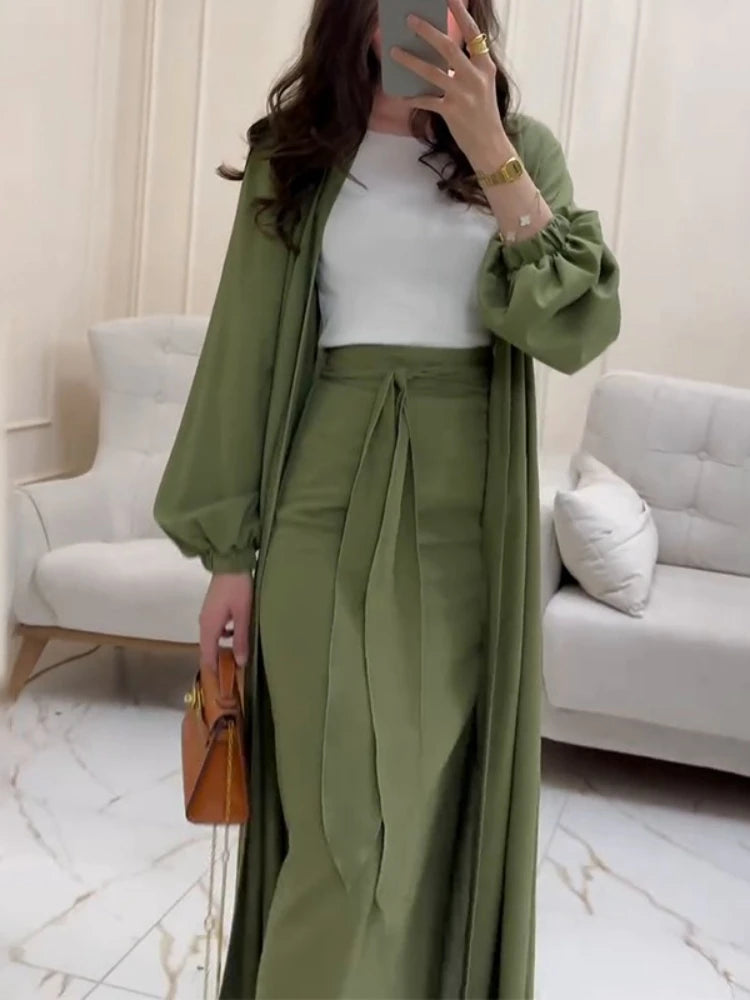 Eid Women Abaya with Skirt 2 Piece Set Muslim Dubai Vestidos Largos Party Caftan Jalabiya Ramadan Kaftan Arab Long Skirt 2025