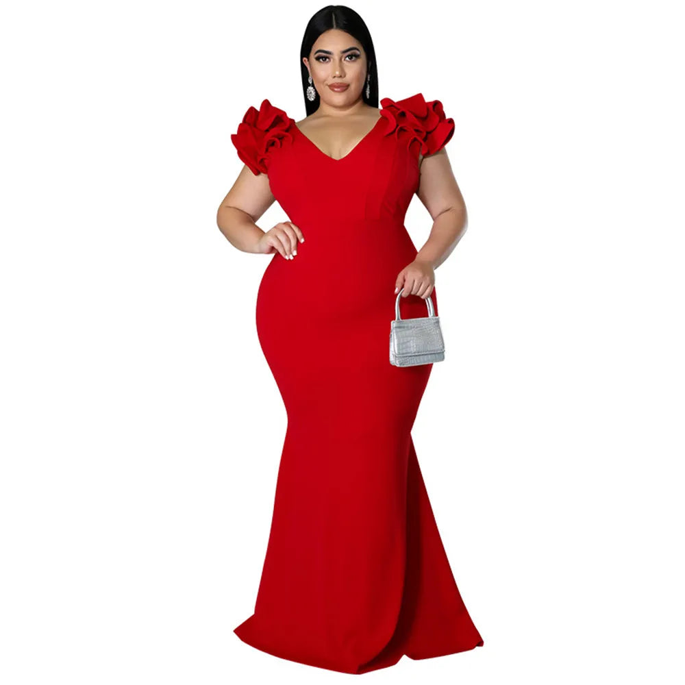 Wmstar Plus Slip Hem Ruffle Sleeve Maxi Dress