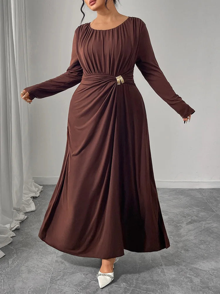 GIBSIE  Pleated O-Neck Long Sleeve Maxi Dress