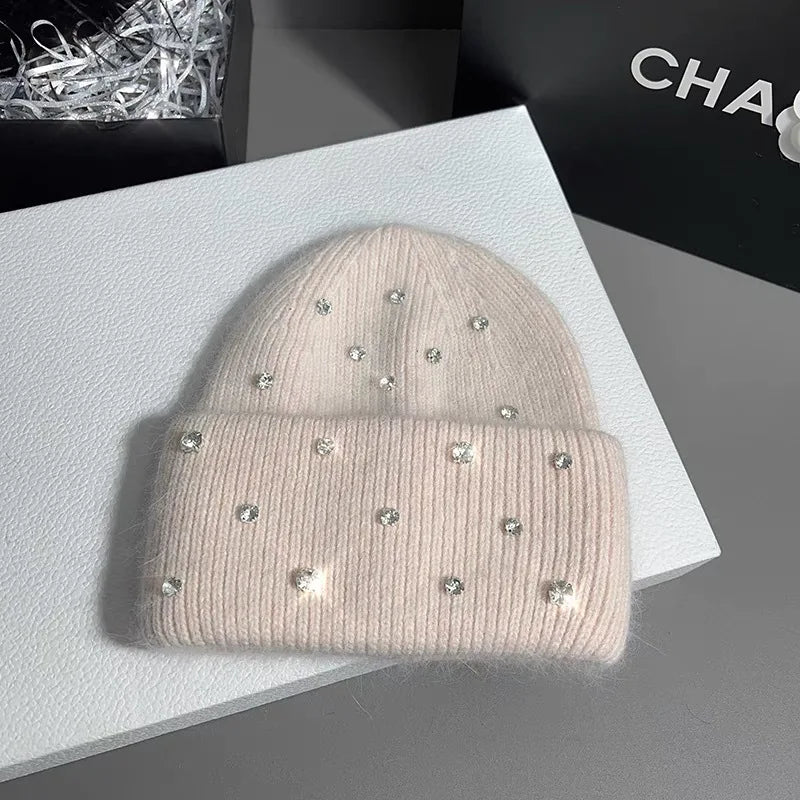 Luxury Rhinestone Rabbit Hair Knitted Beanie