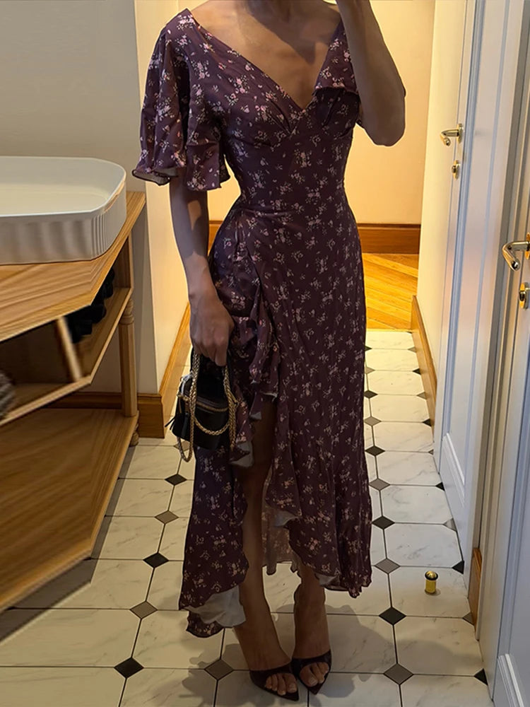 Print Long Ruffle Pleated Short Sleeve V-Neck Dress