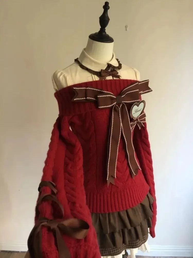 Lazy Bow Off Shoulder Long Sleeve Loose Knitted Sweater Tops+ High Waist Ruched Skirt Set
