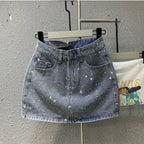High-Waisted Rhinestone Denim Mini Skirt