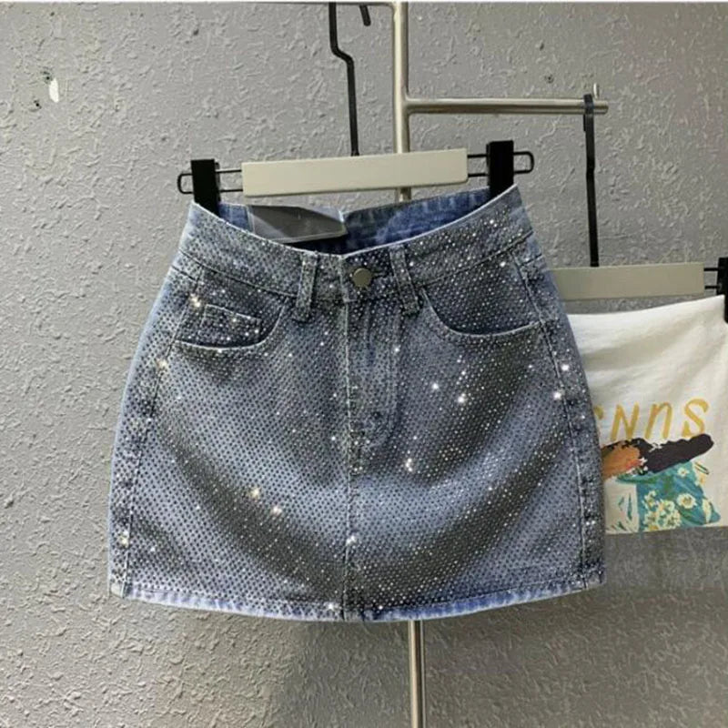 High-Waisted Rhinestone Denim Mini Skirt