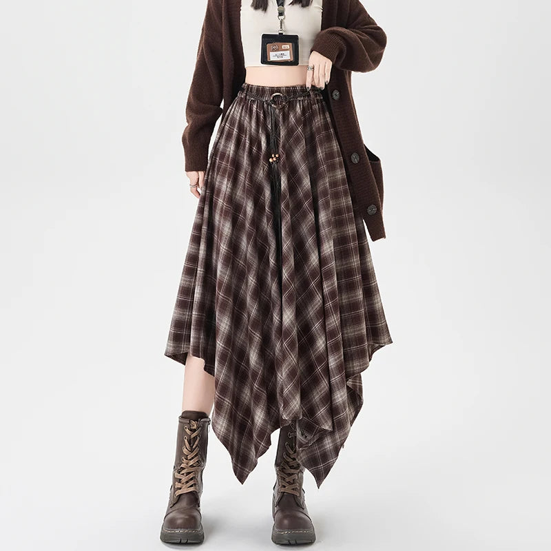 Plaid High Waisted Elastic A-Line Mid Length Irregular Skirt