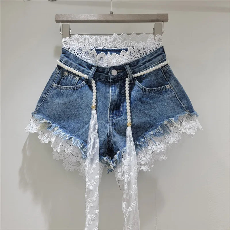 Crochet Lace Trim Slimming Raw Hem Denim Shorts + Pearl Belt