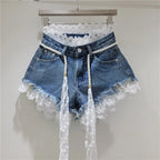 Crochet Lace Trim Slimming Raw Hem Denim Shorts + Pearl Belt