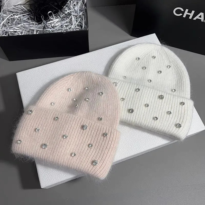 Luxury Rhinestone Rabbit Hair Knitted Beanie