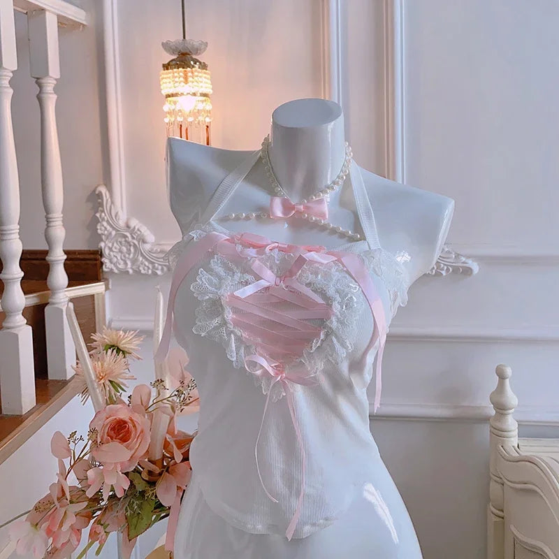 Lace Trim Heart Shaped Bow Decoration Top