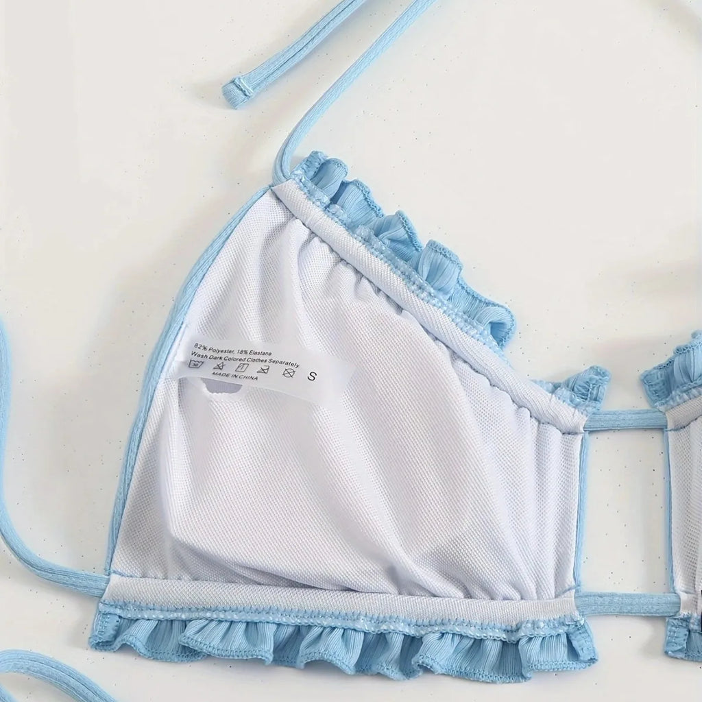 Ribbed Halter Bikini Set with Ruffle Trim and Side-Tie Bottoms