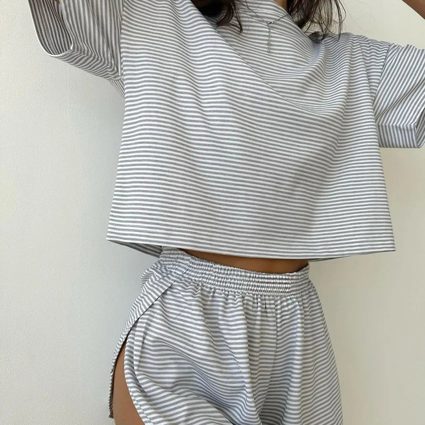 Knitting Stripes Pajamas Short Sleeve Shorts Set
