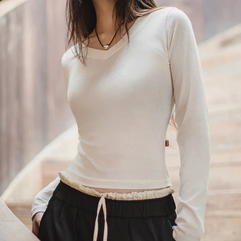 V-Neck Slim Fit Cotton Knit Long Sleeve Tee