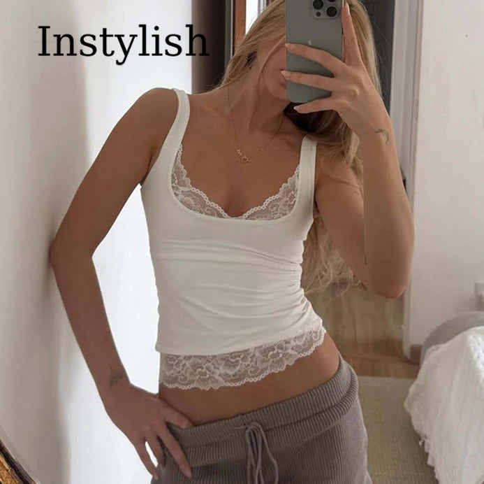 Square Collar Backless Slim Lace Ruffles Patchwork Tank Top