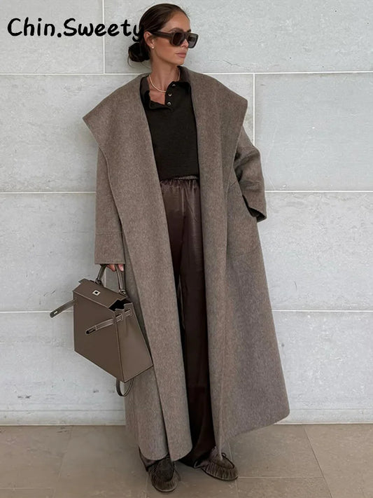 Shawl Collar Woolen Coat With Belt