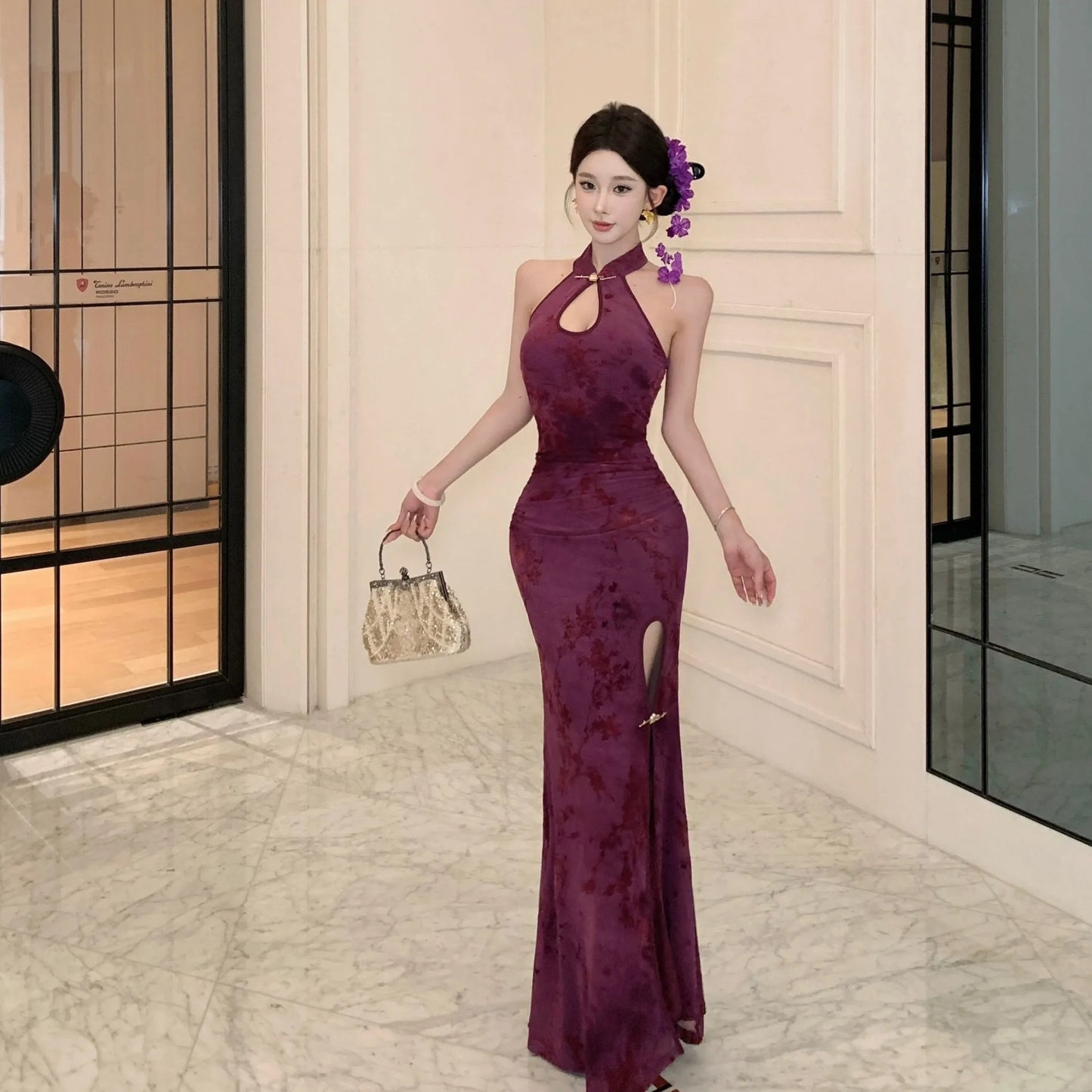 Velvet  Dress with Lace Design