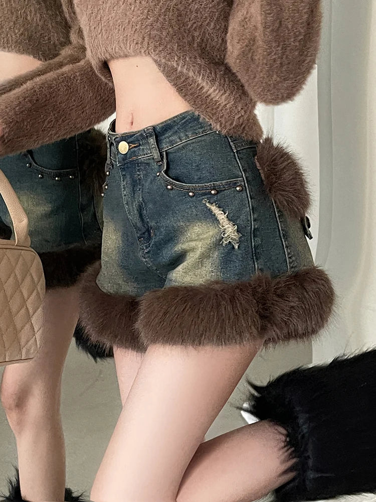 Riveted Faux Fur Jean Shorts