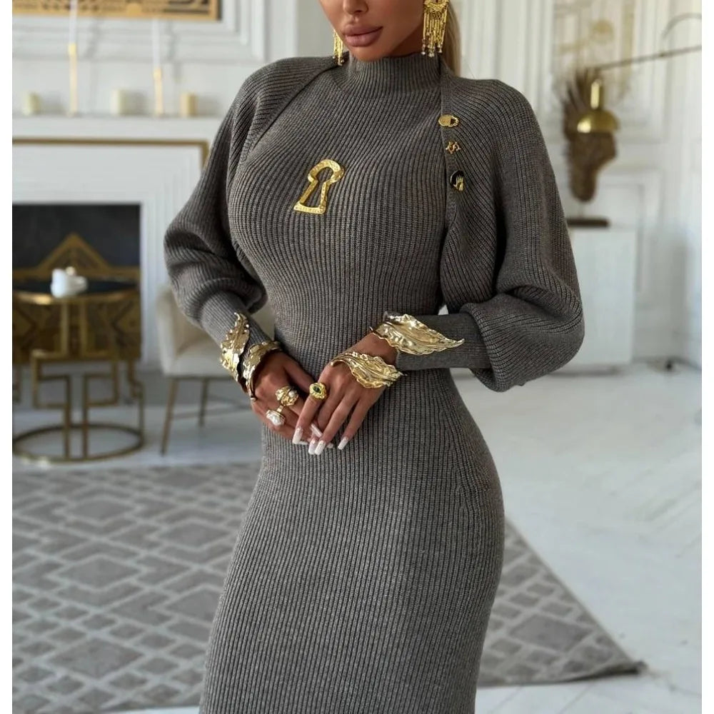 VGH Stand Collar Sleeveless High Waist Bodycon Vest Dress with Long Sleeve Coat Knitted Set