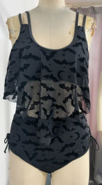Gothic Moon Star Bat Flocking Peplum Hem Lace Up Swimsuit Set