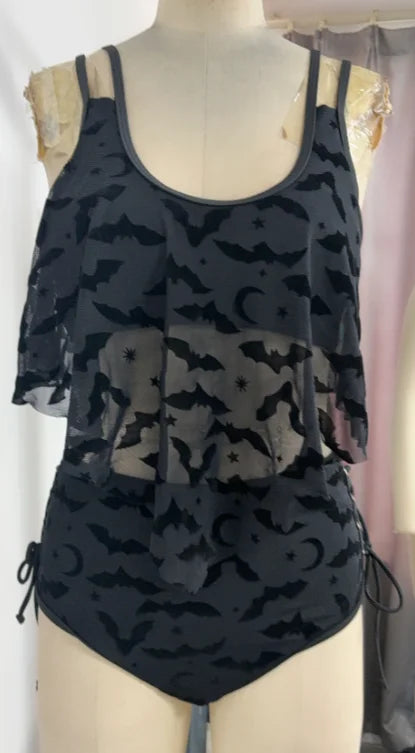 Gothic Moon Star Bat Flocking Peplum Hem Lace Up Swimsuit Set