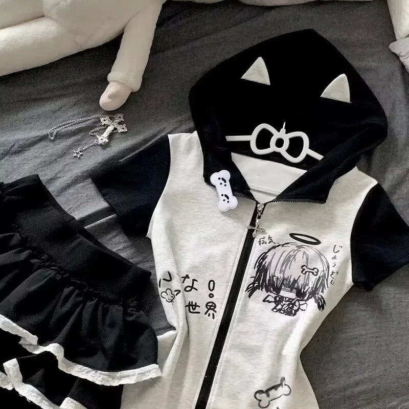 Cartoon Short Sleeve Jacket Skirt Set