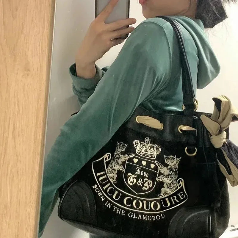 Internet-famous retro stylish spicy girl embroidered color-blocking bag Tote bag