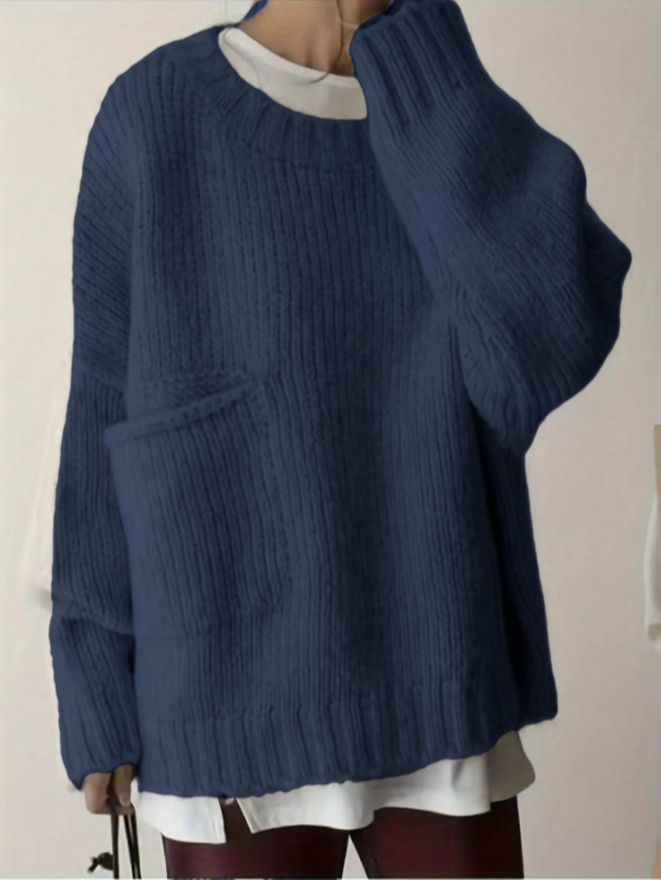 Crew Neck Long Sleeve Pullover Sweater with Side Pockets